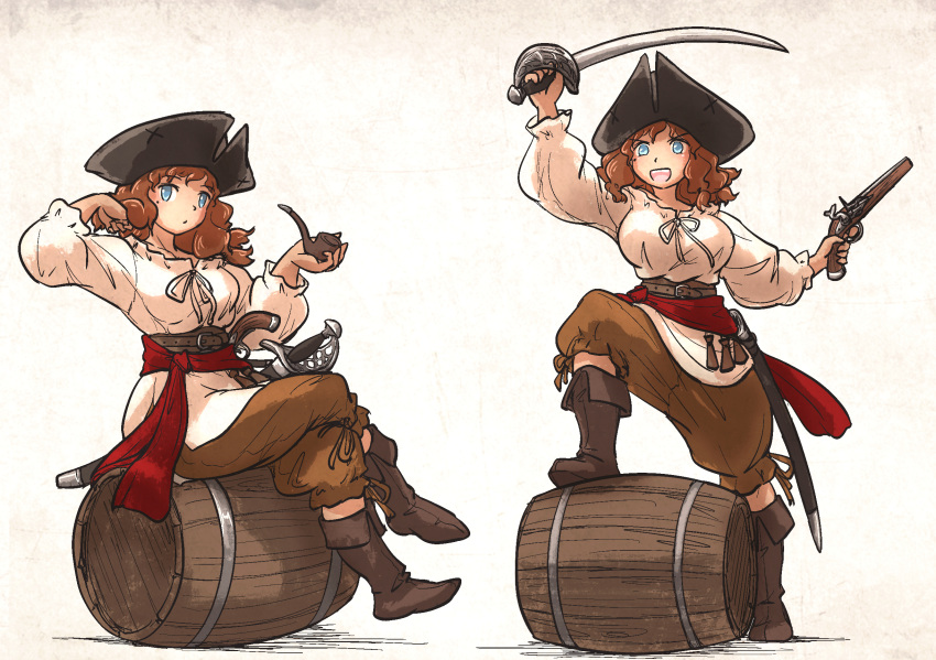 1girl adjusting_hair antique_firearm blue_eyes boots brown_hair cutlass firelock flintlock gun handgun hat highres holding holding_smoking_pipe ironlily long_hair original pants pirate pirate_hat red_sash sash shirt sitting smile smoking_pipe solo weapon