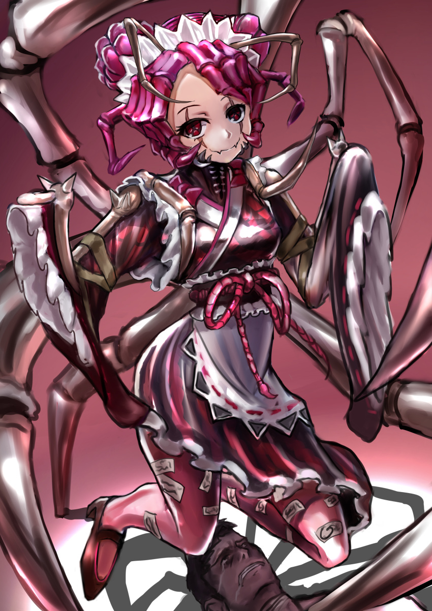 1boy 1girl absurdres antennae apron arthropod_girl arthropod_limbs black_kimono bow breasts clenched_teeth closed_mouth commentary crying crying_with_eyes_open double_bun drooling entoma_vasilissa_zeta extra_pupils fangs girl_on_top hair_bun highres implied_pantyshot japanese_clothes kimono loafers looking_at_viewer maid maid_headdress medium_breasts monster_girl ofuda ofuda_on_clothes overlord_(maruyama) pantyhose pink_background pink_bow pink_hair pink_pantyhose pink_ribbon red_eyes ribbon ribbon-trimmed_apron ribbon-trimmed_sleeves ribbon_trim scar scar_across_eye shadow shoes short_hair simple_background skin_fangs sleeves_past_wrists smile tears teeth viride white_apron