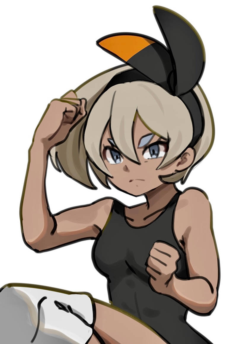 1girl bangs bare_arms bea_(pokemon) black_bodysuit black_hairband blonde_hair bodysuit bow_hairband breasts clenched_hands closed_mouth collarbone commentary_request echizen_(n_fns17) eyelashes frown grey_eyes hair_between_eyes hairband highres knee_pads leg_up pokemon pokemon_(game) pokemon_swsh short_hair simple_background solo white_background