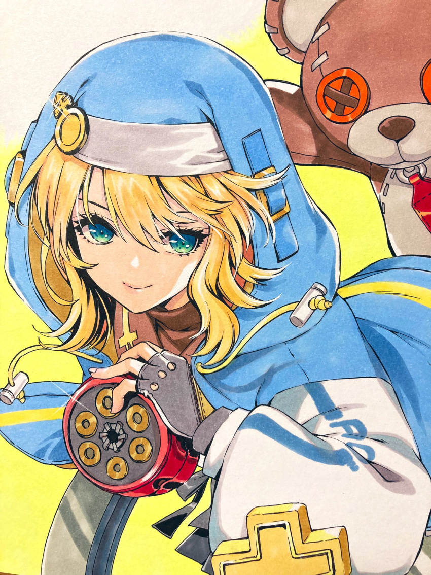 1boy androgyne_symbol aqua_eyes black_gloves blonde_hair bridget_(guilty_gear) cuffs fingerless_gloves gloves guilty_gear guilty_gear_strive habit handcuffs highres hood hood_up hooded_jacket hoodie jacket long_sleeves looking_at_viewer male_focus medium_hair otoko_no_ko puffy_long_sleeves puffy_sleeves roger_(guilty_gear) shirahane_nao stuffed_animal stuffed_toy teddy_bear traditional_media yo-yo