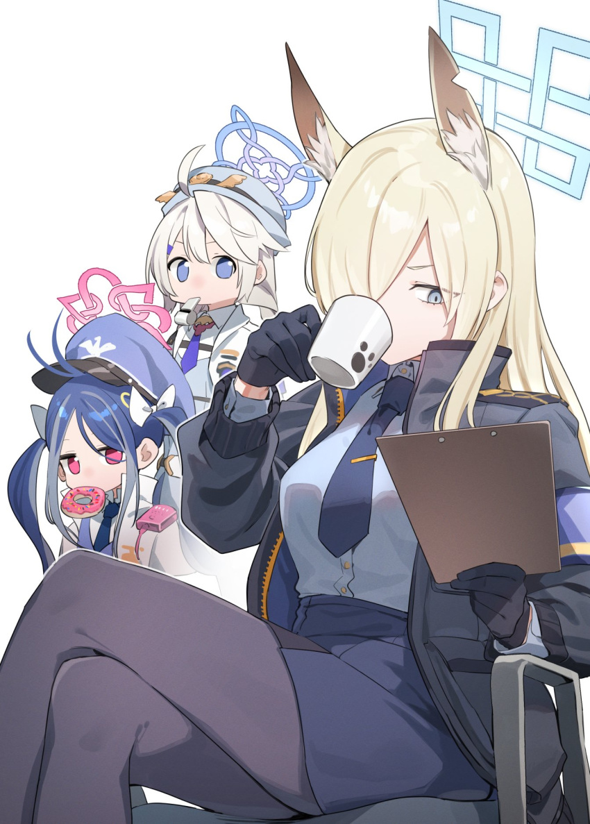 3girls ahoge animal_ear_fluff animal_ears antenna_hair bangs black_gloves black_jacket black_pantyhose blonde_hair blue_archive blue_eyes blue_hair blue_headwear blue_necktie bow clipboard coffee_mug crossed_legs cup doughnut drinking feet_out_of_frame food food_in_mouth fubuki_(blue_archive) gloves grey_eyes grey_hair hair_bow hair_over_one_eye halo hand_up hat highres holding holding_clipboard jacket kanna_(blue_archive) kirino_(blue_archive) long_sleeves looking_at_another looking_at_object mouth_hold mug multicolored_hair multiple_girls multiple_hair_bows necktie open_clothes open_jacket pantyhose peaked_cap pencil_skirt pink_eyes police police_hat police_uniform shirt_tucked_in sho_bu_1116 simple_background sitting skirt streaked_hair swept_bangs tie_clip twintails uniform walkie-talkie whistle white_background white_bow white_hair white_jacket