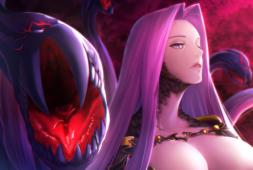 1girl breasts cleavage fate/grand_order fate_(series) forehead gorgon_(fate) large_breasts long_hair medusa_(fate) minami_koyogi purple_eyes purple_hair slit_pupils snake_hair solo