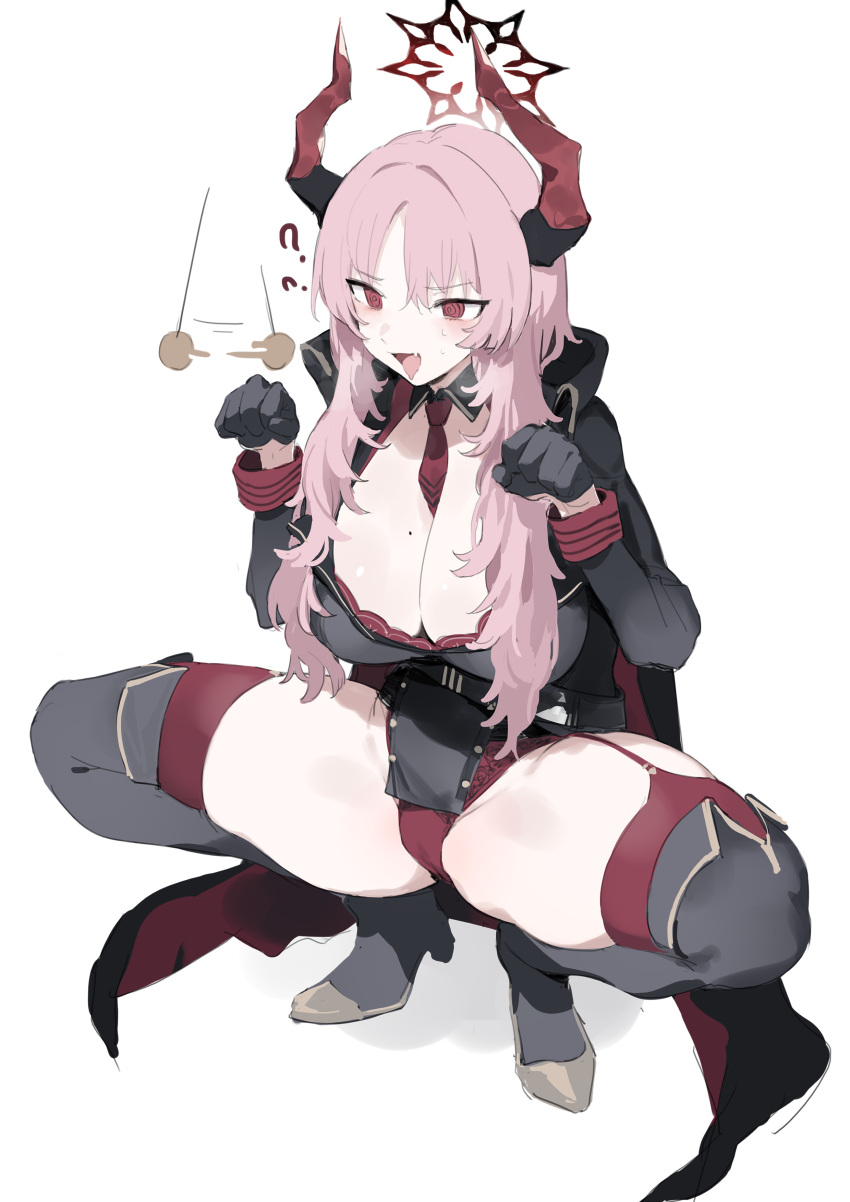 1girl @_@ absurdres black_gloves blue_archive blush bra breasts cleavage demon_horns fang gloves halo highres horns hypnosis large_breasts long_hair mind_control mole mole_on_breast necktie open_mouth pink_hair red_eyes red_necktie satsuki_(blue_archive) sh_(562835932) smile solo squatting sweat thighs underwear white_background