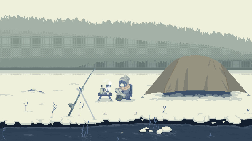 1girl animated animated_gif blue_hair bonchi-pixel book boots brown_footwear coat day fishing_rod highres holding holding_book knee_boots outdoors pixel_art reading river shima_rin short_hair sitting snow solo steam tent yurucamp