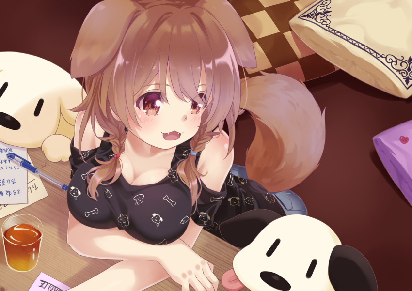 1girl 54hao :3 :d animal animal_ears animal_print bangs black_shirt blue_shorts bone_print braid breasts brown_eyes brown_hair checkered_pillow cleavage clothing_cutout collarbone cup dog dog_ears dog_girl dog_print dog_tail drink drinking_glass eyes_visible_through_hair fangs futo-inu hair_over_shoulder highres hololive hoso-inu inugami_korone large_breasts long_hair looking_away looking_to_the_side low_twintails open_mouth pencil pillow print_shirt shirt shorts shoulder_cutout smile table tail tongue tongue_out translation_request twin_braids twintails virtual_youtuber