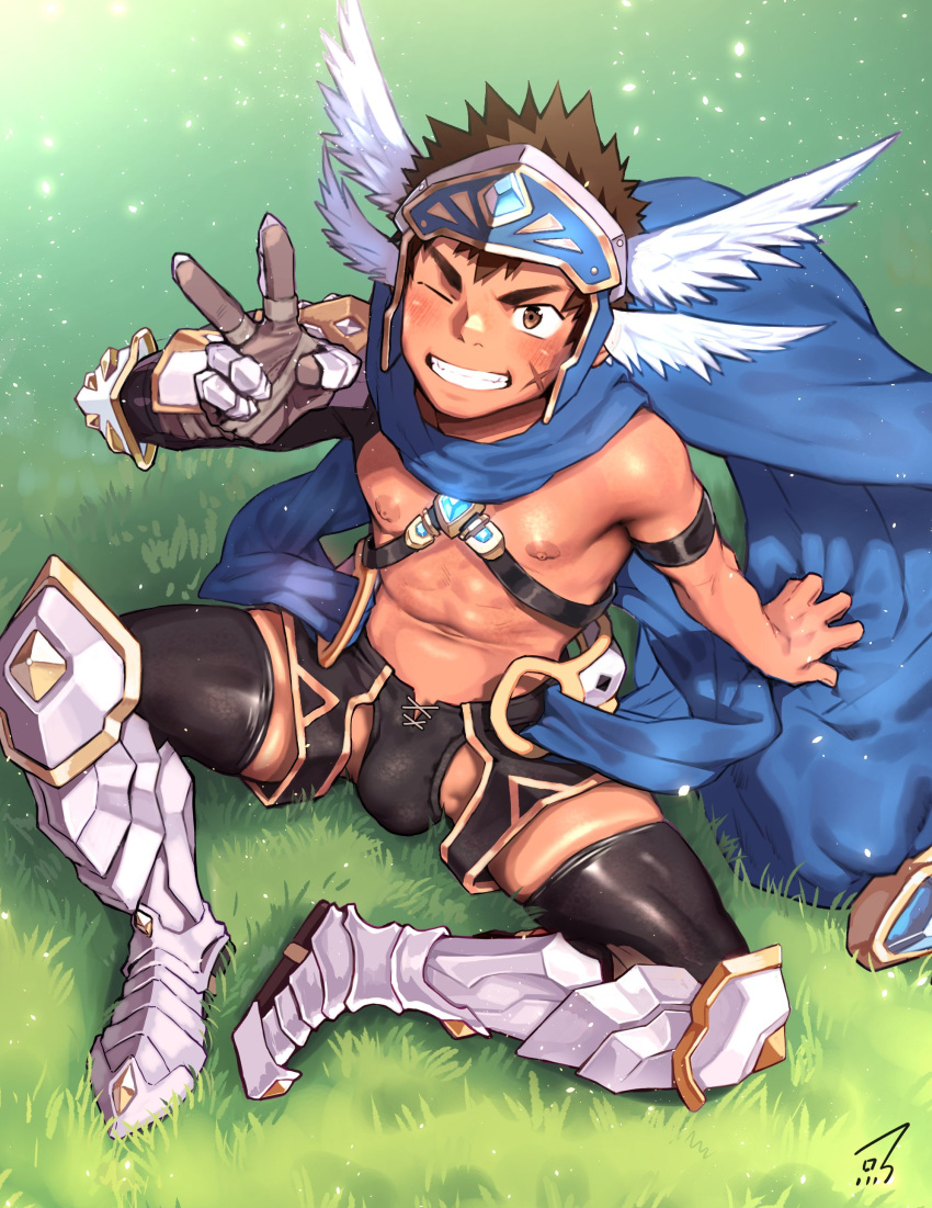 1boy absurdres armband armored_boots black_hair black_male_underwear blue_cape blush boots brown_eyes brynak_(crave_saga) bulge cape crave_saga gauntlets helmet highres male_focus male_underwear navel nipples one_eye_closed scar scar_on_cheek scar_on_face shiba_yuuji short_hair single_gauntlet sitting smile solo teeth underwear v winged_helmet wings