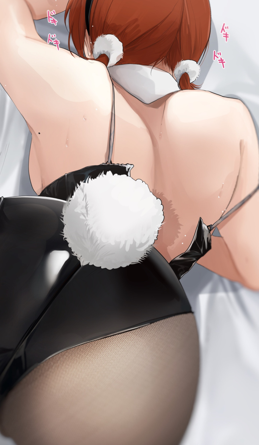 1girl akito_(d30n26) ass bed_sheet black_hairband black_leotard black_pantyhose brown_hair detached_collar from_behind hair_ornament hairband heartbeat highres leotard nagi_(akito) original pantyhose playboy_bunny pom_pom_(clothes) pom_pom_hair_ornament rabbit_tail solo sweatdrop tail top-down_bottom-up twintails
