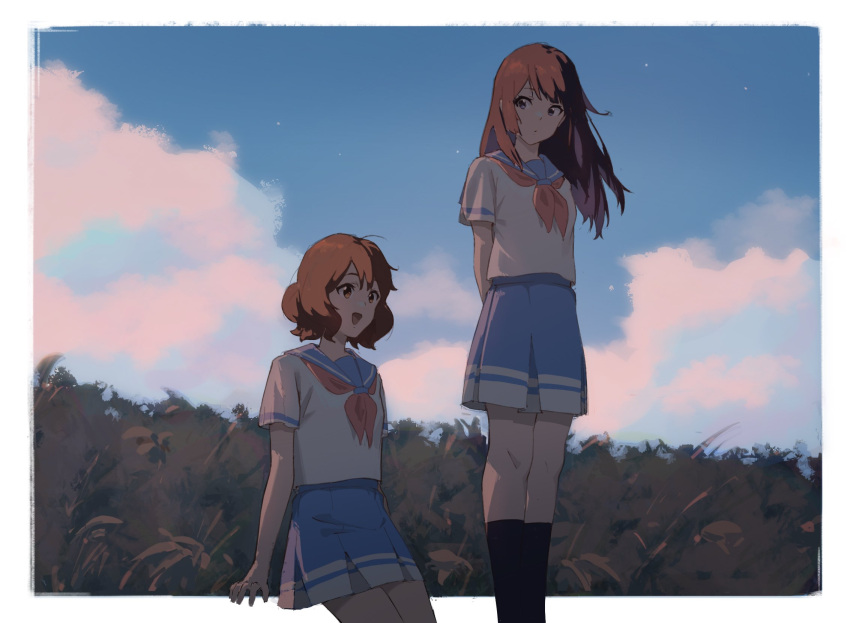 2girls :d arms_behind_back black_hair black_socks blue_sailor_collar blue_skirt blue_sky border brown_hair cloud cowboy_shot dot_mouth dusk grass hibike!_euphonium highres kitauji_high_school_uniform kousaka_reina long_hair looking_at_another looking_down multiple_girls neckerchief oumae_kumiko outdoors outside_border pleated_skirt psylduck red_neckerchief sailor_collar school_uniform serafuku short_sleeves sitting skirt sky smile socks white_border