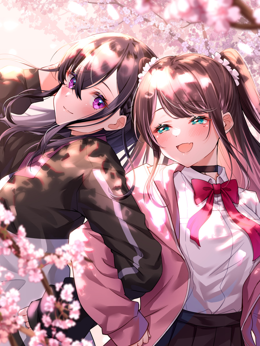 2girls bangs black_choker black_hair black_jacket black_skirt blush bow bowtie branch cherry_blossoms choker collared_shirt commentary crossed_bangs fang green_eyes hair_between_eyes hair_ornament hair_scrunchie hand_in_own_hair highres hood hoodie ichinose_uruha jacket kaga_nazuna locked_arms looking_at_viewer looking_to_the_side lupinus_virtual_games multicolored_hair multiple_girls open_mouth pink_hair pink_hoodie pink_jacket pleated_skirt purple_hair scrunchie shirt sidelocks skirt smile standing swept_bangs symbol-only_commentary toki_(toki_ship8) twintails two-tone_hair virtual_youtuber vspo! white_shirt