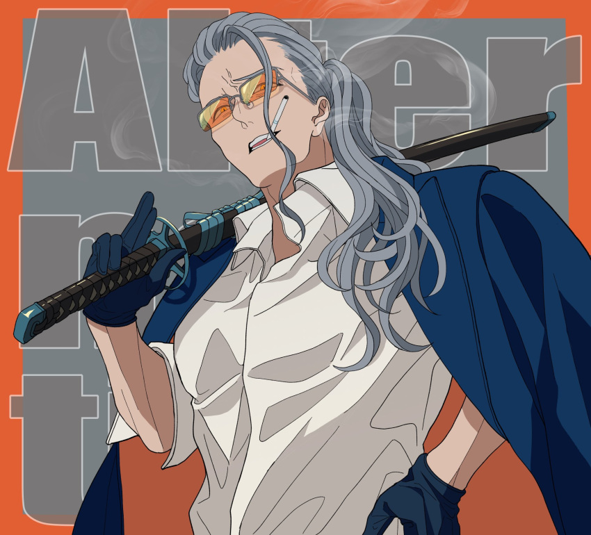 1boy alter_servant blue_gloves blue_jacket border cigarette collared_shirt fate/grand_order fate_(series) furrowed_brow gloves grey_background grey_hair hair_pulled_back hair_strand hand_on_hip highres holding holding_sword holding_weapon jacket jacket_on_shoulders katana kimiruun long_hair looking_at_viewer male_focus open_collar orange-tinted_eyewear orange_border orange_eyes outside_border over_shoulder ponytail saitou_hajime_(fate) shirt smoke smoking solo sword teeth tinted_eyewear weapon weapon_over_shoulder white_shirt