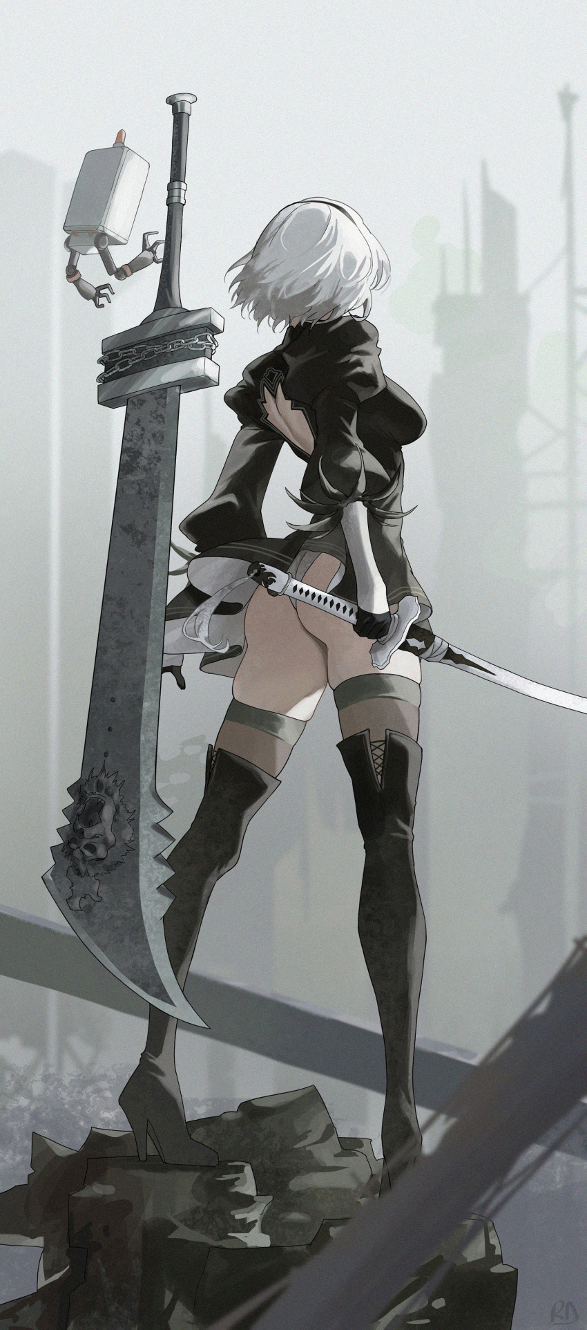 absurdres ass back_cutout black_dress black_hairband boots breasts clothing_cutout dress feather-trimmed_sleeves feather_trim gloves grey_hair hairband high_heel_boots high_heels highleg highleg_leotard highres juliet_sleeves katana leather leather_boots leotard long_sleeves medium_breasts nier_(series) nier_automata pod_(nier_automata) puffy_sleeves ryudraw sword thigh_boots thighhighs thighhighs_under_boots thong_leotard two-sided_dress two-sided_fabric vambraces weapon white_hair white_leotard yorha_no._2_type_b
