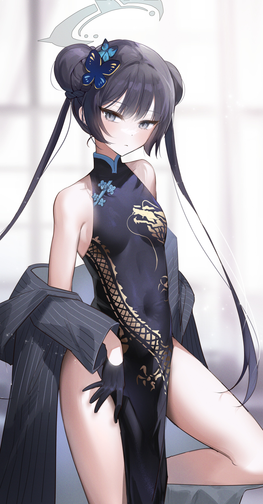 1girl absurdres bangs bare_shoulders black_dress black_gloves black_hair blue_archive braid braided_bun breasts butterfly_hair_ornament china_dress chinese_clothes coat covered_navel double_bun dragon_print dress gloves grey_coat grey_eyes hair_bun hair_ornament half_gloves halo highres kisaki_(blue_archive) long_hair long_sleeves looking_at_viewer nannaspad off_shoulder one_knee pelvic_curtain pinstripe_pattern print_dress serious side_slit sleeveless sleeveless_dress small_breasts solo striped twintails vertical-striped_coat