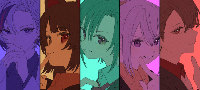 1other 2boys 2girls androgynous animal_ears black_hair black_shirt brown_eyes brown_hair business_suit collared_shirt commentary_request dog_ears ear_piercing earrings fangs finger_to_mouth formal fuwa_minato green_hair grey_hair grin hand_to_own_mouth heterochromia highres higuchi_kaede inui_toko jewelry kagami_hayato long_hair looking_at_viewer mole mole_under_eye multicolored_hair multiple_boys multiple_girls necktie nijisanji parted_lips piercing ponytail profile purple_eyes purple_hair red_eyes red_hair ryuushen shirt short_hair sidelocks smile streaked_hair suit teeth tenoo12 virtual_youtuber