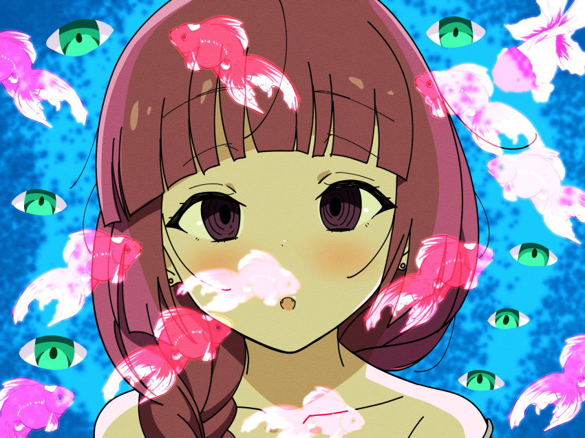 1girl :o bangs bare_shoulders blue_background blunt_bangs blurry blurry_background blush bocchi_the_rock! braid collarbone disembodied_eye dress earrings empty_eyes fangs fish flying_fish goldfish goumonsha green_day green_dress green_eyes hair_over_shoulder highres hiroi_kikuri jewelry long_hair looking_at_viewer open_mouth parody portrait purple_eyes purple_hair raised_eyebrows ringed_eyes solo spaghetti_strap strap_slip stud_earrings transparent