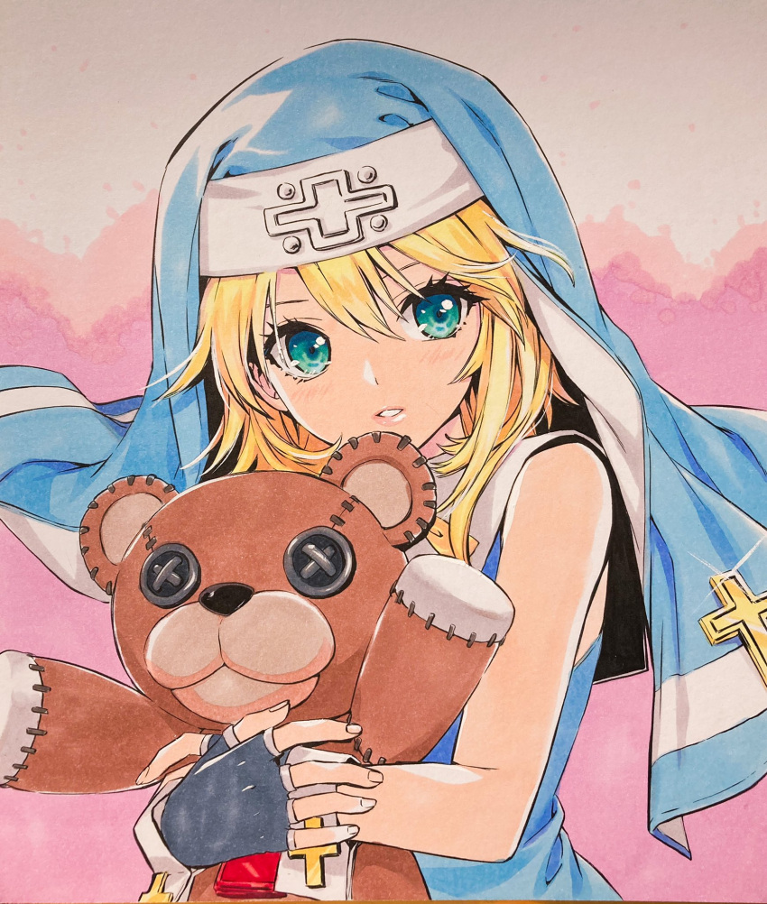 1boy aqua_eyes black_gloves blonde_hair bridget_(guilty_gear) cross cuffs fingerless_gloves gloves guilty_gear guilty_gear_xx habit highres latin_cross looking_at_viewer male_focus medium_hair nun otoko_no_ko parted_lips roger_(guilty_gear) shirahane_nao stuffed_animal stuffed_toy teddy_bear traditional_media