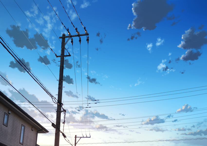 anyotete blue_sky building cloud commentary_request dawn highres house morning no_humans original outdoors power_lines scenery sky utility_pole window