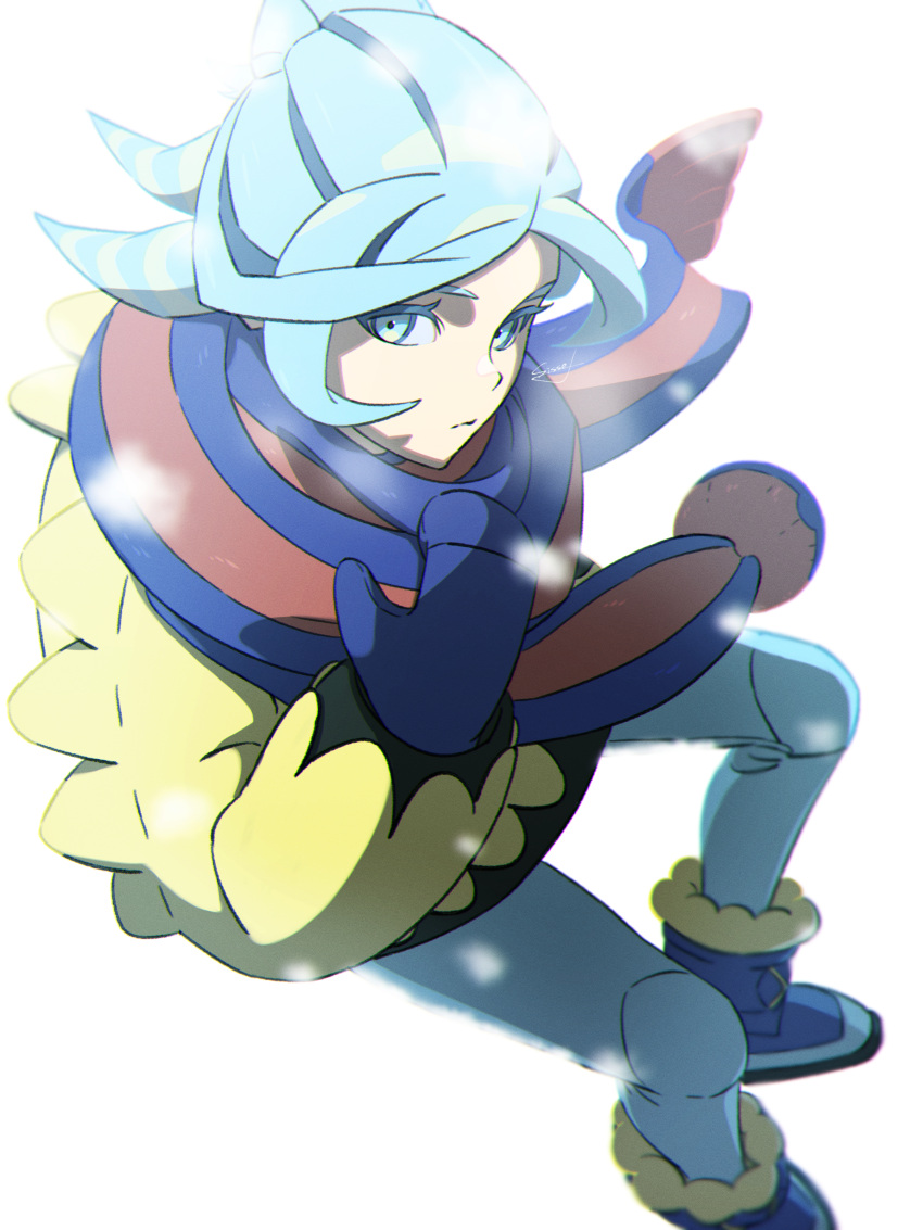 1boy absurdres aqua_eyes aqua_hair blue_footwear blue_mittens blue_scarf boots closed_mouth commentary_request floating_scarf grusha_(pokemon) hand_up highres jacket long_sleeves male_focus outdoors pants pokemon pokemon_(game) pokemon_sv scarf signature sissel0104 snowing solo yellow_jacket