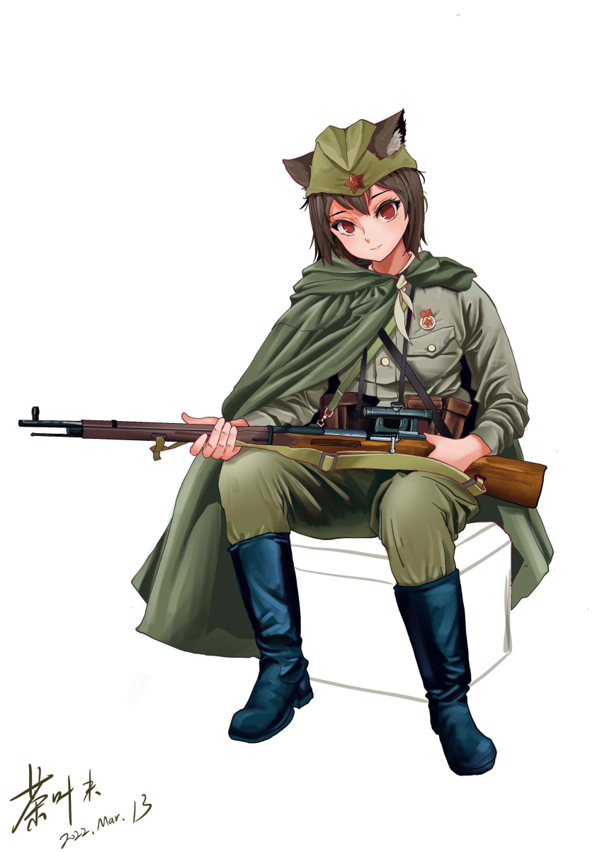 1girl absurdres ammunition_belt animal_ears bangs black_footwear bolt_action brown_hair cape cat_ears chaye_mo commentary_request full_body green_cape green_jacket green_pants gun hat highres holding holding_gun holding_weapon jacket long_sleeves looking_at_viewer military military_hat military_jacket military_uniform mosin-nagant original pants red_eyes rifle signature simple_background sitting smile solo soviet uniform weapon white_background world_war_ii