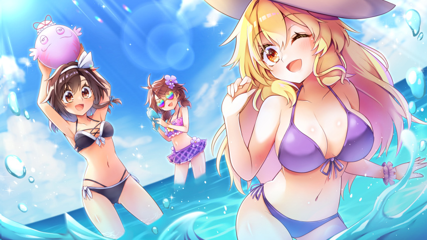 1other 3girls absurdres beach bikini black_bikini blonde_hair blue_sky breasts brown_eyes brown_hair character_doll hairband hat heart highres huge_breasts keyaki_chimaki light_rays long_hair looking_at_another maribel_hearn multiple_girls ocean one_eye_closed partially_submerged purple_bikini rainbow_gradient sky sunglasses swimsuit touhou twintails usami_renko usami_sumireko water water_gun yakumo_yukari_(axolotl) yellow_eyes