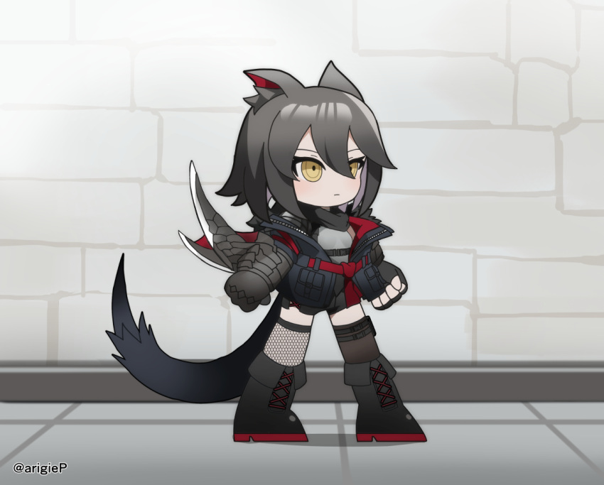 1girl animal_ear_fluff animal_ears ankle_lace-up arigiep arknights arm_blade armor artist_name asymmetrical_legwear bangs bare_shoulders belt black_armor black_hair black_jacket black_shorts boots chibi commentary_request cross-laced_footwear fishnets full_body gauntlets hair_between_eyes harness jacket knee_boots long_bangs medium_hair monster_hunter_(series) nargacuga open_clothes open_jacket personification scale_armor scarf shorts shoulder_armor sidelocks snap-fit_buckle solo swept_bangs tail thigh_pouch two-sided_fabric two-sided_jacket two-tone_footwear weapon wrist_blades yellow_eyes