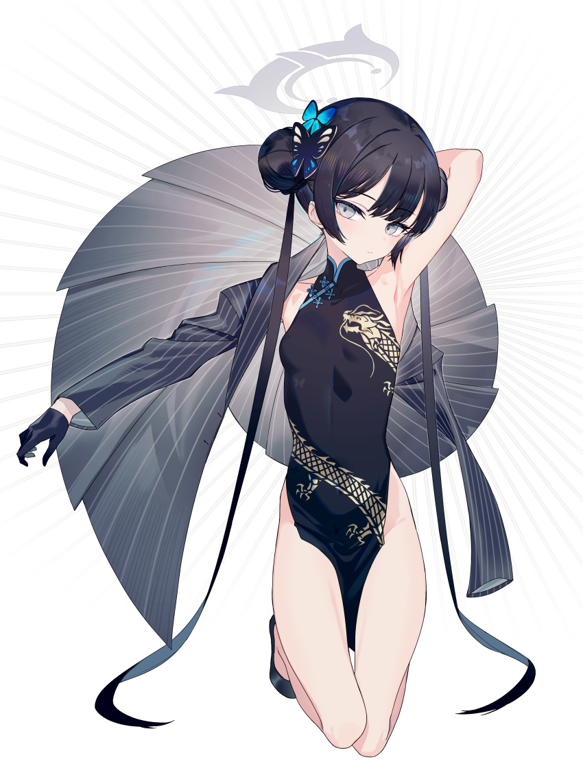 1girl absurdres arm_behind_head armpits black_footwear black_gloves black_hair blazer blue_archive breasts china_dress chinese_clothes double_bun dragon_print dress gloves grey_eyes hair_bun hair_ornament halo highres jacket kisaki_(blue_archive) long_hair looking_at_viewer mk_(masatusaboten) simple_background small_breasts solo twintails very_long_hair white_background