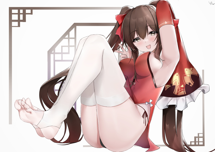 1girl :d absurdres armpits ass bangs black_panties blush breasts brown_eyes brown_hair china_dress chinese_clothes chinese_commentary detached_sleeves dress girls'_frontline hair_between_eyes hair_ribbon highres knees_up long_hair looking_at_viewer medium_breasts open_mouth panties red_dress ribbon side-tie_panties sidelocks simple_background sitting smile soles solo stirrup_legwear thighs toeless_legwear toes twintails type_97_(girls'_frontline) type_97_(peony)_(girls'_frontline) underwear very_long_hair white_background wide_sleeves yanwulazy