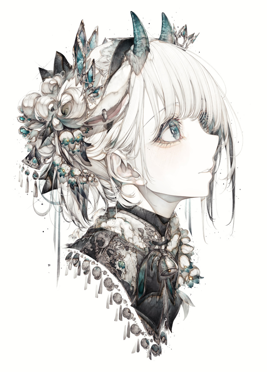 1girl absurdres bangs bell blue_eyes blush cropped_shoulders flower flower_request from_side glint grey_hair hair_flower hair_ornament highres hito_komoru light_smile looking_up medium_hair original parted_lips portrait profile simple_background solo white_background