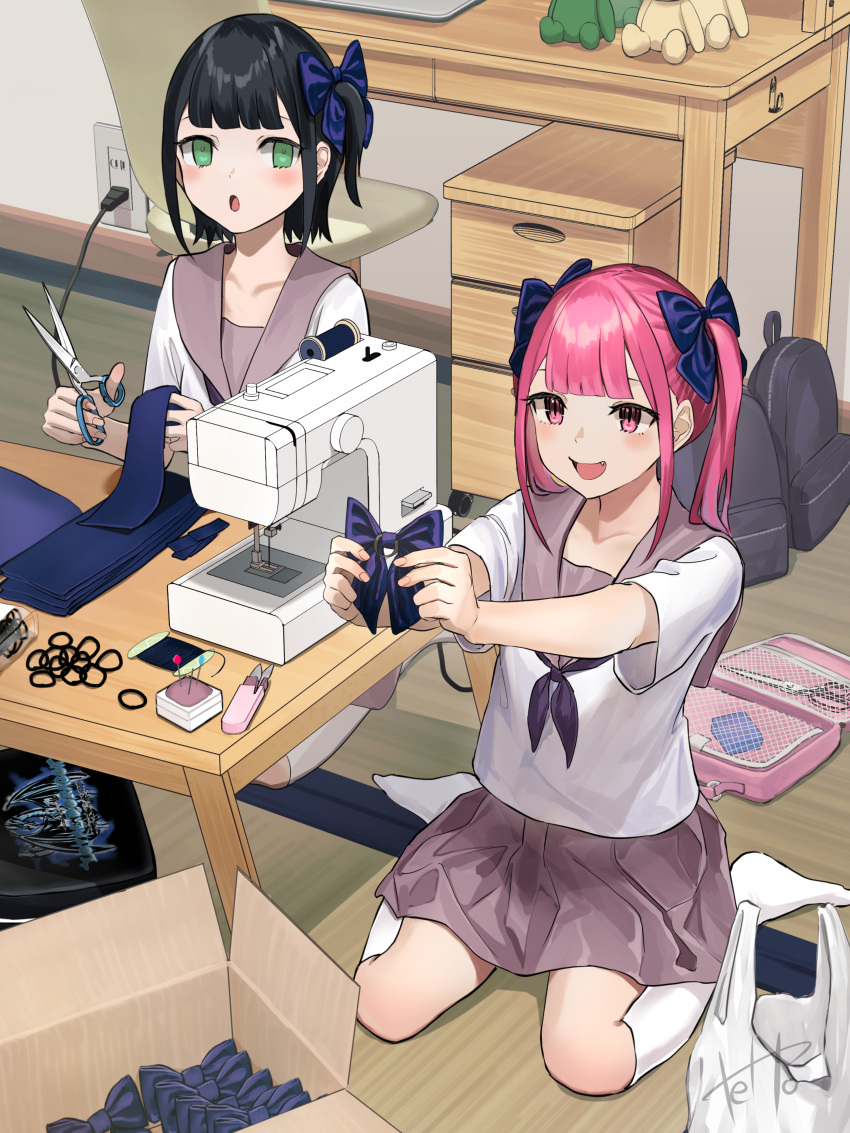 2girls :d :o absurdres backpack bag black_hair blush bow brown_skirt buta5813 douryou_(buta5813) electrical_outlet full_body green_eyes highres hinamizawa_hinami indoors kneehighs miniskirt multiple_girls no_shoes original pincushion pink_eyes pink_hair school_uniform scissors serafuku sewing sewing_machine shirt short_sleeves sitting skirt smile socks wariza white_shirt white_socks