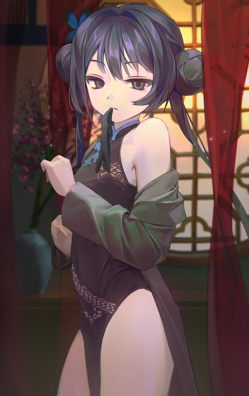 1girl absurdres bare_shoulders black_dress black_gloves black_hair blue_archive butterfly_hair_ornament china_dress chinese_clothes corette covered_navel curtains double_bun dragon_print dress flat_chest glove_in_mouth gloves gloves_removed green_eyes hair_bun hair_ornament highres kisaki_(blue_archive) long_hair looking_at_viewer mouth_hold pelvic_curtain red_curtains sleeveless sleeveless_dress solo twintails