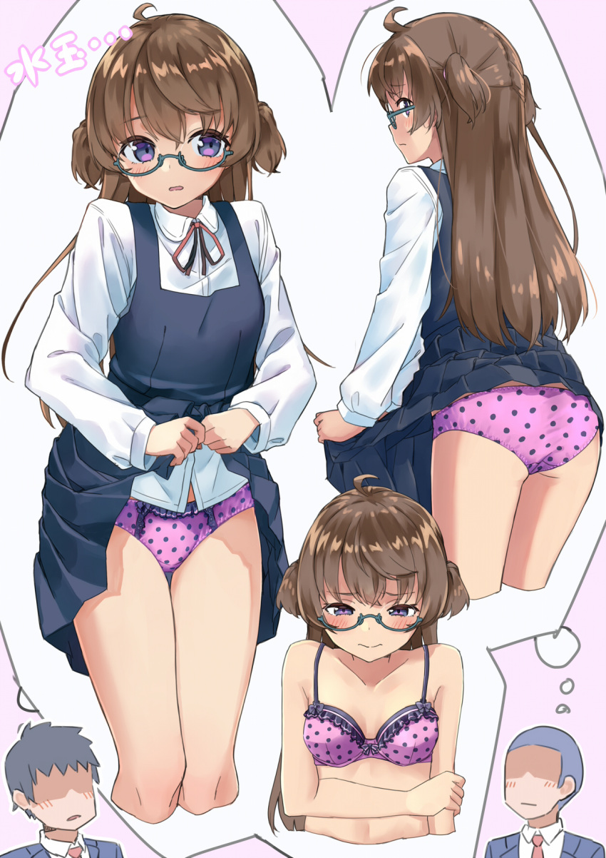 1girl 2boys amemiya_sekira ass bangs blazer blue_dress blush bow bow_bra bow_panties bra brown_hair closed_mouth clothes_lift collared_shirt commentary_request dress dress_lift dress_shirt faceless faceless_male frilled_bra frilled_panties frills green-framed_eyewear hair_between_eyes highres imagining jacket lifted_by_self multiple_boys multiple_views neck_ribbon necktie original panties parted_lips pinafore_dress pink_background pink_bra pink_panties pleated_dress polka_dot polka_dot_bra polka_dot_panties purple_eyes red_necktie red_ribbon ribbon school_uniform sekira_ame semi-rimless_eyewear shaded_face shirt sleeveless sleeveless_dress two_side_up under-rim_eyewear underwear white_shirt