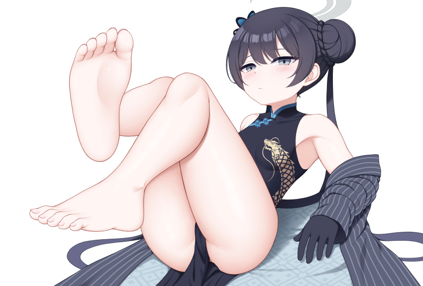 1girl absurdres ass bare_shoulders barefoot black_gloves black_hair blue_archive blush butterfly_hair_ornament china_dress chinese_clothes closed_mouth double_bun dragon_print dress feet feet_up foot_focus gloves grey_eyes hair_bun hair_ornament highres jacket jc_shikikan kisaki_(blue_archive) long_hair looking_at_viewer pelvic_curtain simple_background sleeveless sleeveless_dress soles solo striped striped_jacket twintails vertical-striped_jacket vertical_stripes white_background