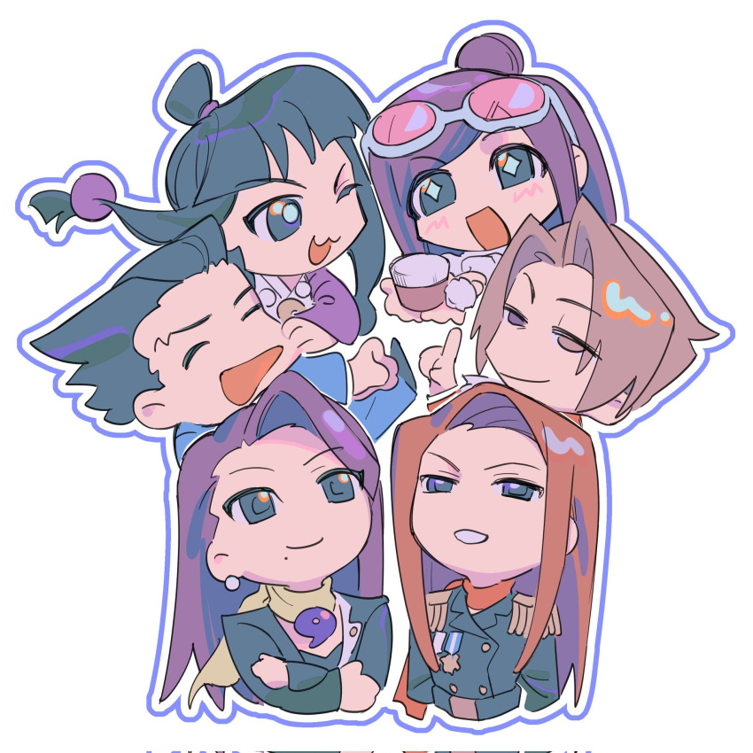 2boys 4girls 7zhby ace_attorney bangs black_hair black_jacket blue_eyes blue_jacket blunt_bangs brown_hair cheek_pinching chibi closed_eyes closed_mouth earrings ema_skye eyewear_on_head grey_hair hair_intakes hair_ornament half_updo hand_on_another's_cheek hand_on_another's_face highres jacket jewelry lana_skye long_hair long_sleeves looking_at_another looking_up magatama maya_fey mia_fey miles_edgeworth mole mole_under_mouth multiple_boys multiple_girls one_eye_closed open_mouth parted_bangs phoenix_wright phoenix_wright:_ace_attorney pinching purple_hair scarf short_hair siblings sidelocks simple_background sisters smile sparkling_eyes spiked_hair sunglasses white_background yellow_scarf