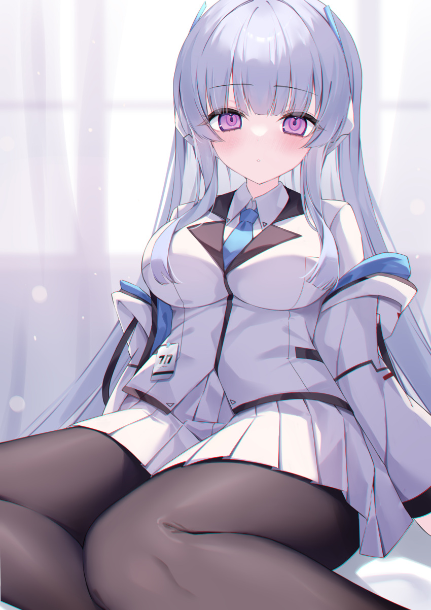 1girl absurdres bangs blue_archive blue_necktie blush breasts collared_shirt crotch_outline formal gou_213 grey_hair halo highres id_card jacket large_breasts long_hair long_sleeves looking_at_viewer miniskirt necktie noa_(blue_archive) off_shoulder open_clothes open_jacket pantyhose pleated_skirt purple_eyes shirt sidelocks skirt solo suit two-sided_fabric two-sided_jacket white_jacket white_shirt white_skirt