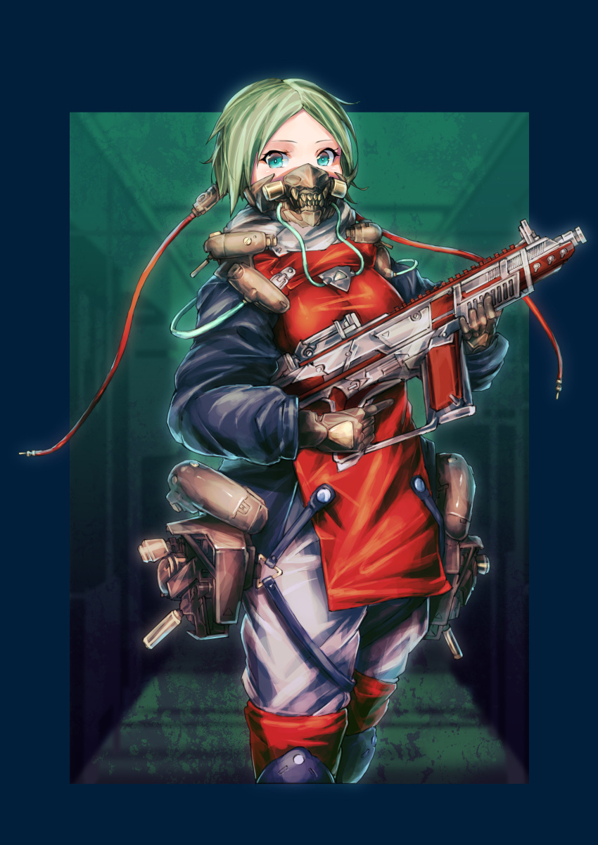 1girl absurdres apron aqua_eyes black_jacket blue_border border breasts brown_gloves cable commentary covered_mouth feet_out_of_frame gloves green_hair grey_pants gun highres holding holding_gun holding_weapon jacket knee_pads looking_at_viewer mabo9317 making-of_available mask medium_breasts mouth_mask original outside_border pants red_apron short_hair solo weapon