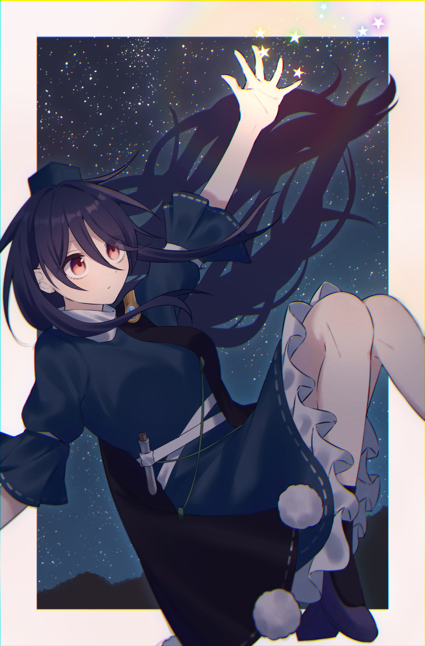 1girl absurdres bangs black_coat black_hair black_socks blue_dress breasts coat commentary_request dress flying frilled_dress frills gem geta hat highres iizunamaru_megumu kneehighs legs long_hair medium_breasts night night_sky outdoors outstretched_arm pom_pom_(clothes) puffy_short_sleeves puffy_sleeves purple_footwear red_eyes sash semi_no_haa short_sleeves shoulder_guard sky sleeveless_coat socks star_(sky) star_(symbol) surcoat tengu-geta test_tube tokin_hat touhou white_sash