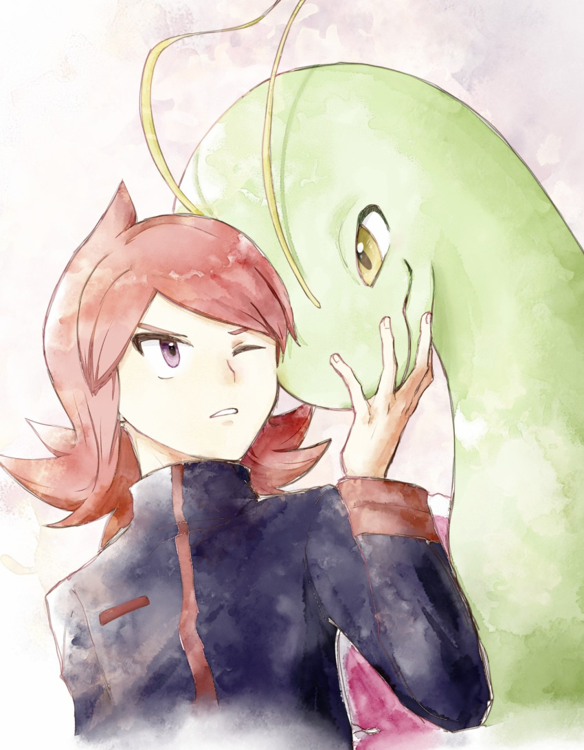 1boy asuka_rkgk bangs black_jacket closed_mouth cowlick hand_up highres jacket long_sleeves male_focus medium_hair meganium one_eye_closed parted_lips pokemon pokemon_(creature) pokemon_(game) pokemon_hgss purple_eyes red_hair silver_(pokemon) turtleneck turtleneck_jacket upper_body yellow_eyes