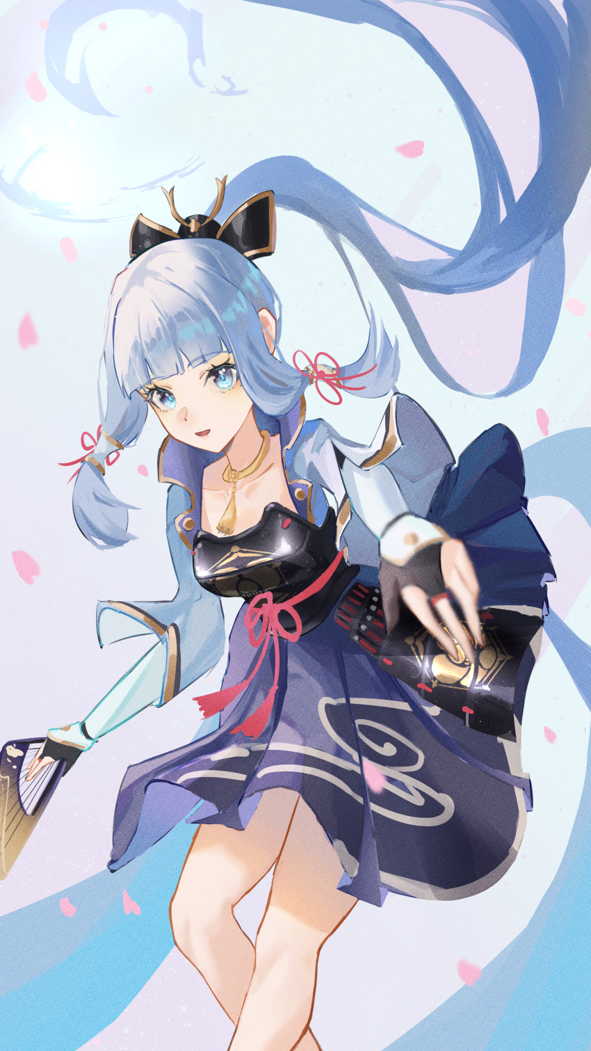 1girl absurdres armor blue_eyes blue_hair blue_jacket blue_skirt breastplate bridal_gauntlets collarbone feet_out_of_frame floating_hair folding_fan genshin_impact hair_ornament hand_fan highres holding holding_fan jacket kamisato_ayaka long_hair open_clothes open_jacket petals pleated_skirt ponytail skirt solo very_long_hair xianluojimaomao2333