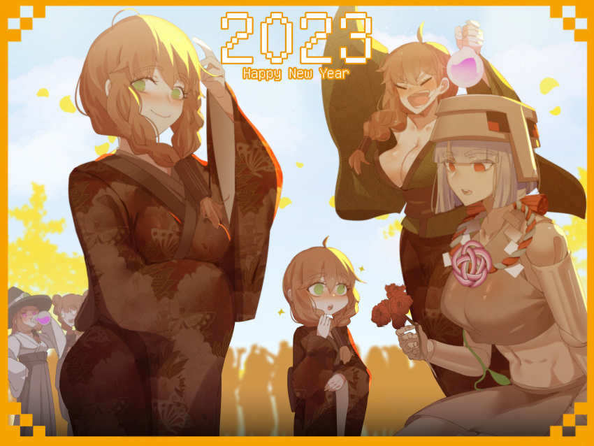 2023 absurdres at2. bangs blunt_bangs blunt_ends breasts cleavage flower green_eyes happy_new_year hat highres iron_golem_(minecraft) japanese_clothes kimono midriff minecraft pale_skin rose smile villager_(minecraft) witch_(minecraft)