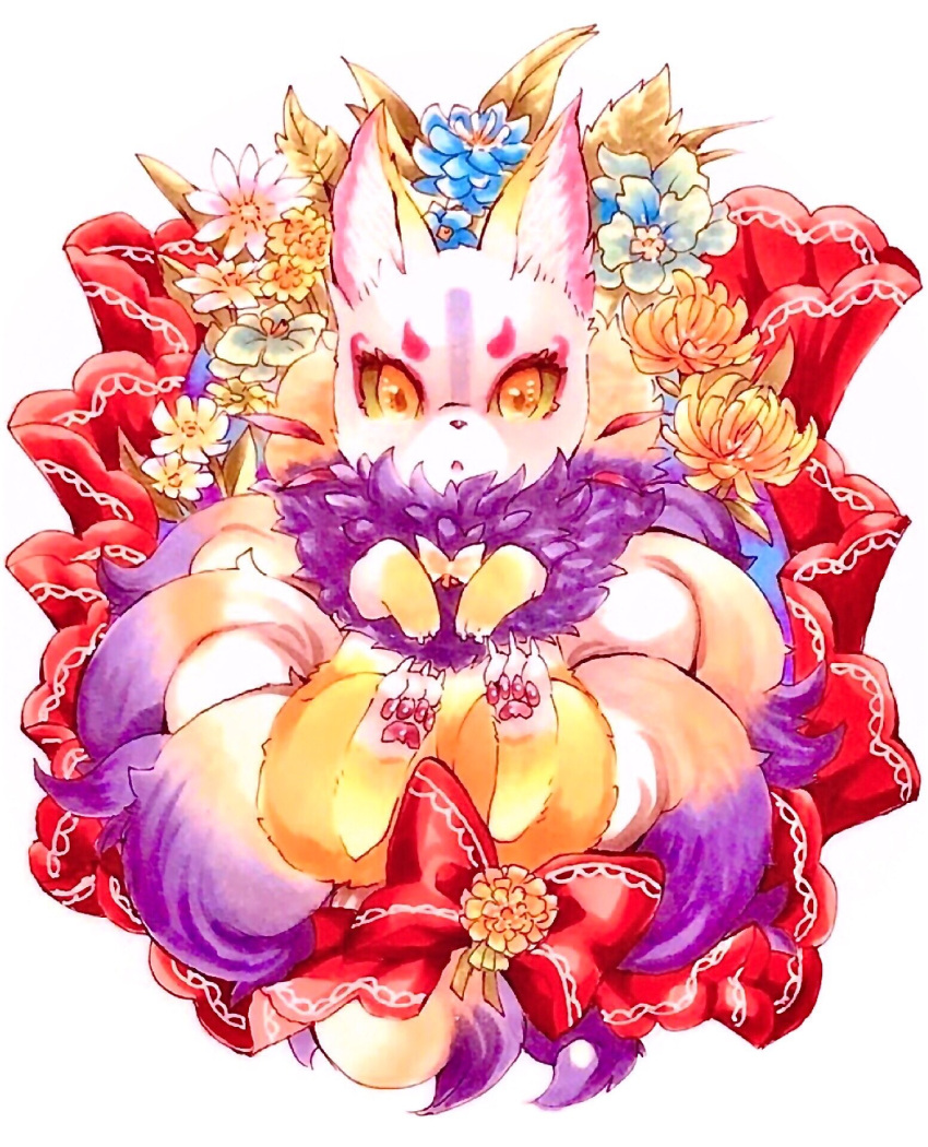 animal_focus animalization blue_flower bow claws colored_sclera commentary_request eyeliner flower fluffy fox from_above fur_collar highres kyuubi_(youkai_watch) legs_up looking_at_viewer lying makeup mofu_(moffuri_sippo) multiple_tails no_humans on_back open_mouth orange_eyes orange_flower pawpads pink_eyeliner red_bow red_ribbon ribbon solo spider_lily straight-on tail traditional_media yellow_flower yellow_sclera youkai_watch