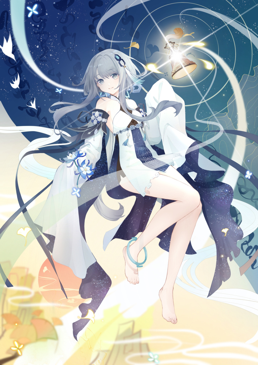 1girl absurdres ankle_ring bare_shoulders barefoot bell bird dress floating full_body genshin_impact grey_hair guizhong_(genshin_impact) highres looking_at_viewer parted_lips plant_request shining short_dress short_hair_with_long_locks silhouette sky sleeves_past_fingers sleeves_past_wrists smile solo star_(sky) starry_sky youyou72364