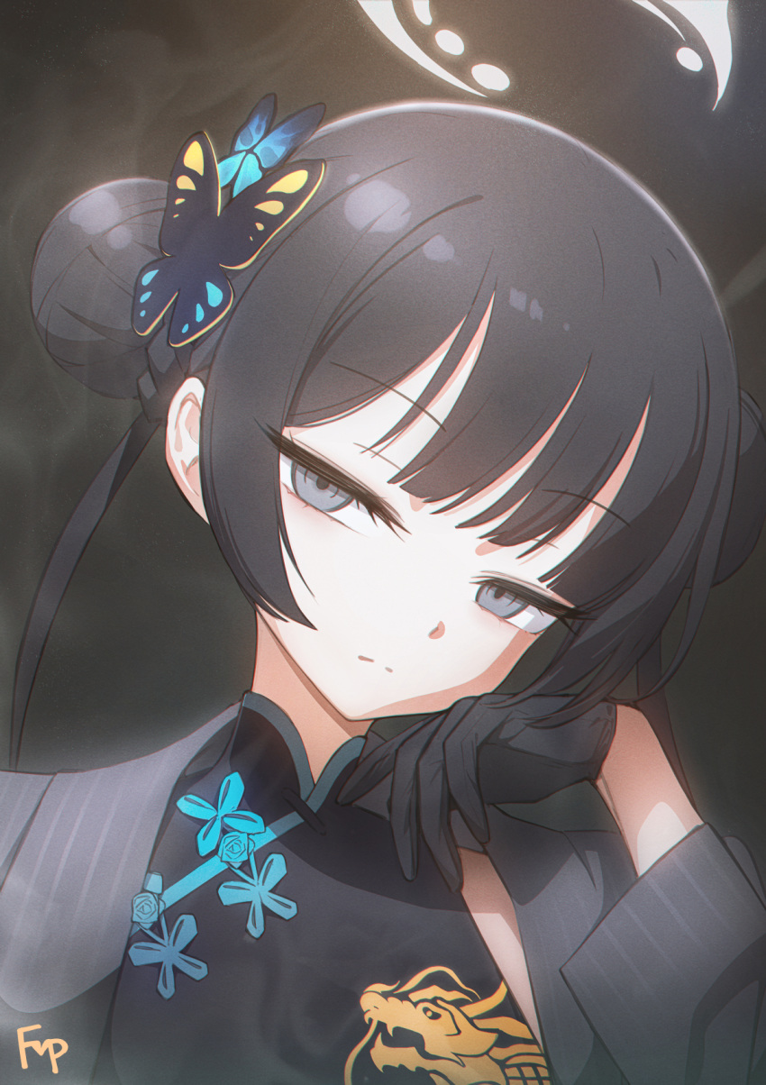 1girl bangs black_dress black_gloves black_hair blue_archive butterfly_hair_ornament china_dress chinese_clothes closed_mouth coat commentary double_bun dragon_print dress fpanda gloves grey_eyes hair_bun hair_ornament half-closed_eyes halo highres kisaki_(blue_archive) long_hair long_sleeves looking_at_viewer open_clothes open_coat signature simple_background smoke solo twintails upper_body