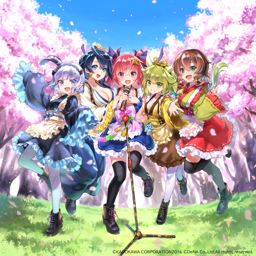 5girls apron blonde_hair blue_dress blue_eyes blue_hair brown_hair cherry_blossoms cow_horns dress earrings falling_petals frilled_apron frilled_dress frills fukube goou_yoshimitsu grass green_dress green_eyes hair_ornament hair_stick hand_up headband highres holding holding_microphone horns jewelry jouizumi_masamune jumping kogarasumaru_(tenka_hyakken) kuwana_gou_(tenka_hyakken) light_purple_hair microphone microphone_stand multiple_girls nanaka_(tenka_hyakken) official_art outstretched_arm petals purple_eyes red_dress red_eyes red_hair shoes sleeves_past_wrists smile standing standing_on_one_leg tenka_hyakken thighhighs twintails wide_sleeves yellow_dress yellow_eyes