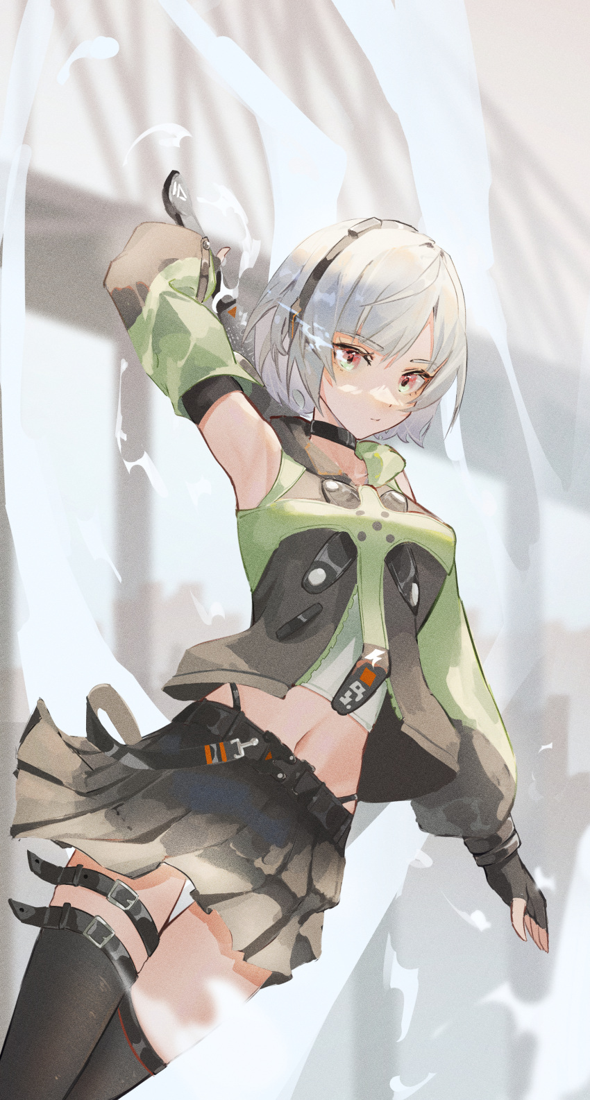 1girl absurdres anby_demara arm_up armpits bare_shoulders black_shirt black_skirt black_thighhighs blurry blurry_background breasts bridge brown_eyes crop_top depth_of_field detached_sleeves green_sleeves grey_hair highres holding holding_weapon long_sleeves medium_breasts midriff pleated_skirt puffy_long_sleeves puffy_sleeves shirt skirt solo thighhighs weapon weapon_behind_back xianluojimaomao2333 zenless_zone_zero