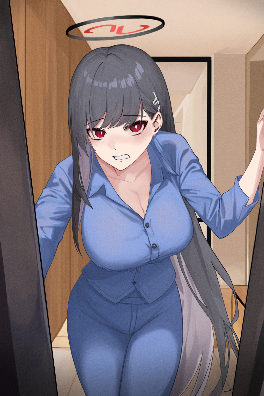 1girl absurdres alternate_costume black_hair blue_archive blue_pajamas blush breasts bright_pupils casual feet_out_of_frame hair_ornament hairclip halo highres inesia large_breasts long_hair long_sleeves looking_at_viewer opening_door pajamas pov pov_doorway red_eyes rio_(blue_archive) solo very_long_hair