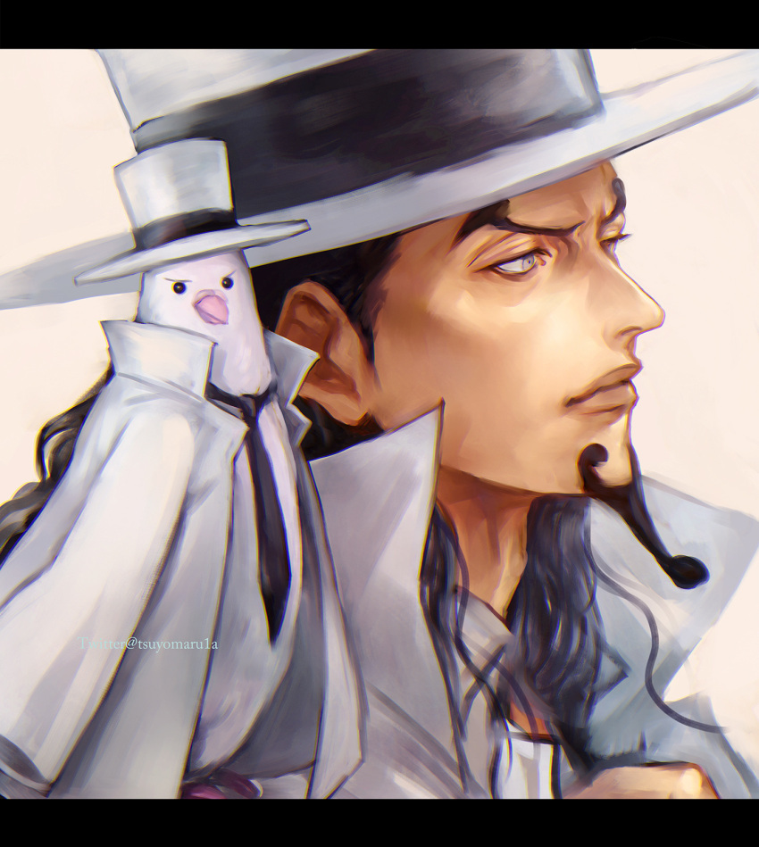 1boy animal_on_shoulder bird bird_on_shoulder black_hair closed_mouth coat coat_on_shoulders collared_coat facial_hair from_side goatee hat hattori_(one_piece) high_collar highres lips long_hair looking_at_viewer looking_away male_focus necktie one_piece profile rob_lucci top_hat tsuyomaru twitter_username