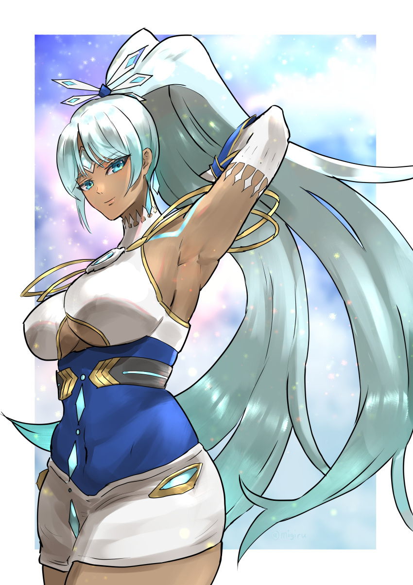 1girl absurdres armpits arms_behind_back bangs blue_eyes blue_hair border breasts cleavage_cutout closed_mouth clothing_cutout dark-skinned_female dark_skin dress elbow_gloves forehead_jewel gloves highres large_breasts long_hair looking_at_viewer minagi_(user_uvxz2337) perun_(xenoblade) ponytail sleeveless sleeveless_dress smile solo underboob very_long_hair white_border white_dress white_gloves xenoblade_chronicles_(series) xenoblade_chronicles_2