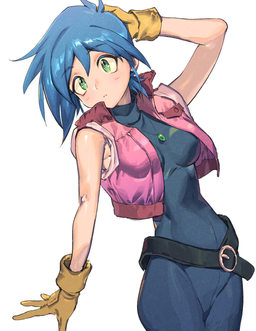 1girl absurdres allenby_beardsley arm_up bangs belt blue_bodysuit blue_hair bodysuit breasts closed_eyes cropped_jacket g_gundam gloves green_eyes gundam highres jacket jewelry looking_at_viewer medium_breasts necklace pendant pink_jacket short_hair skin_tight solo tanakalma white_background yellow_gloves