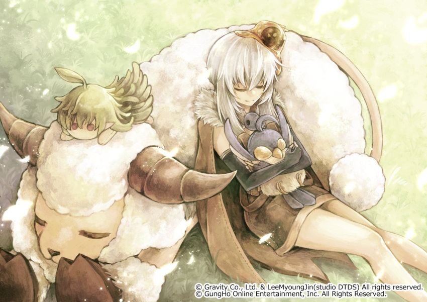 1girl alchemist_(ragnarok_online) amistr_(ragnarok_online) bangs bird black_gloves blue_bird brown_cape brown_dress cape character_doll closed_eyes closed_mouth commentary_request doll_hug dress elbow_gloves filir_(ragnarok_online) fingerless_gloves foot_out_of_frame fur_collar gloves grass hair_between_eyes lif_(ragnarok_online) long_hair lunaraven magatama object_hug ragnarok_online sheep short_dress sleeping slime_(creature) smile vanilmirth_(ragnarok_online) white_hair