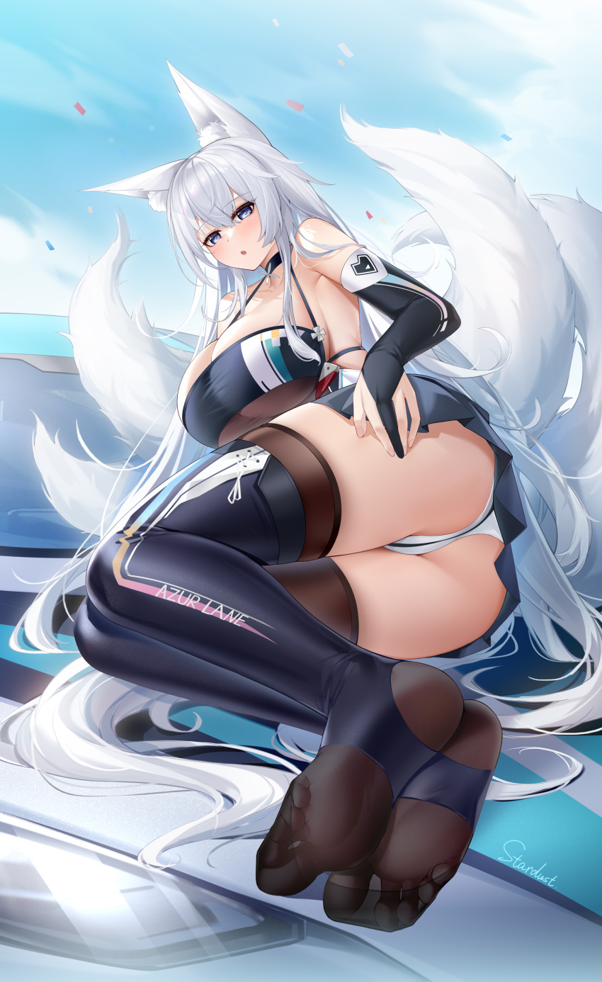 1girl :o absurdres animal_ear_fluff animal_ears ass azur_lane bare_shoulders blue_eyes breasts bridal_gauntlets choker cleavage elbow_gloves feet foreshortening fox_ears fox_girl fox_tail gloves hair_between_eyes halterneck highres large_breasts legs long_hair lying miniskirt multiple_tails no_shoes official_alternate_costume on_side open_mouth panties race_queen see-through shinano_(azur_lane) shinano_(moonlit_chrome)_(azur_lane) sideboob skirt soles spread_toes stardust_(chen'ai_weiding) tail taut_clothes thighhighs thong toes underwear very_long_hair white_hair