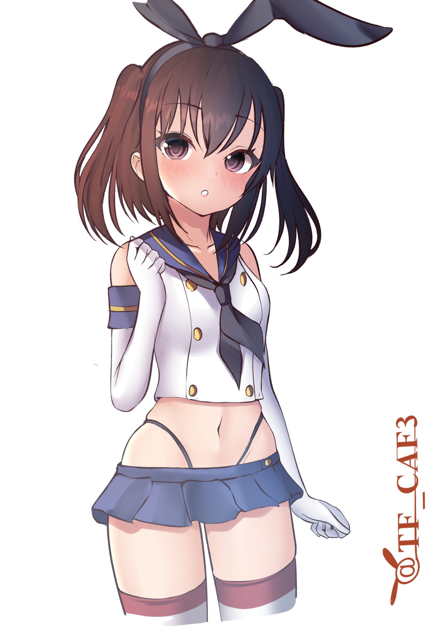 1girl absurdres black_hairband black_neckerchief black_panties blue_sailor_collar blue_skirt brown_eyes brown_hair cosplay cowboy_shot crop_top dress elbow_gloves gloves hairband highleg highleg_panties highres kantai_collection microskirt miniskirt neckerchief one-hour_drawing_challenge panties parted_lips pleated_dress sailor_collar sendai_(kancolle) shimakaze_(kancolle) shimakaze_(kancolle)_(cosplay) short_hair simple_background skirt solo standing tf_cafe thighhighs twitter_username two_side_up underwear white_background white_gloves